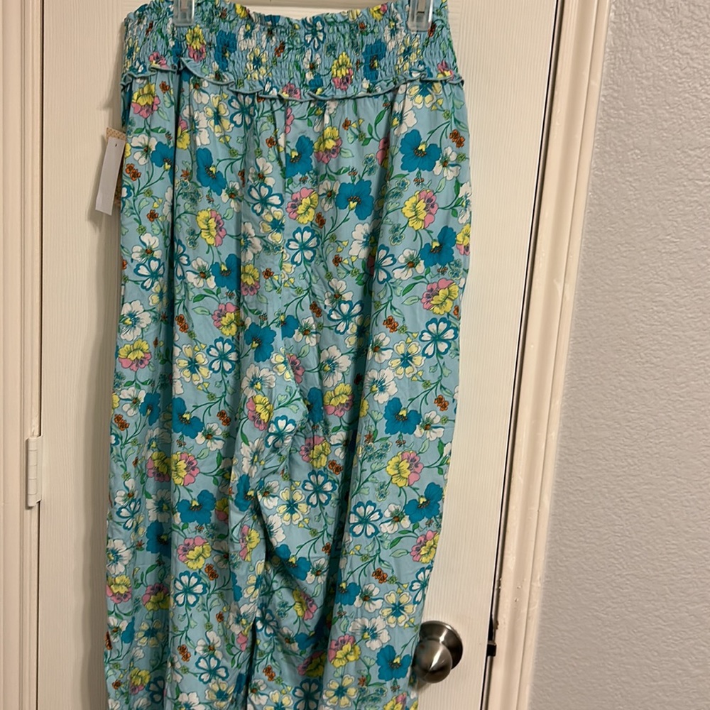 Bebop pants palazzo style rayon casual floral printed blue lounge, New XL, 2X - Picture 5 of 11